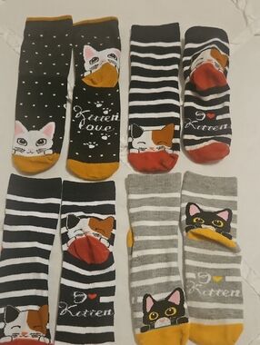 Set Of 4 Cat Pattern Thin Novrlty Crew Socks - Women